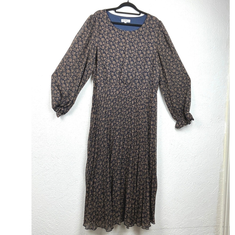 Polagram Navy Blue Floral Pleated Midi Dress - XL - Long Sleeve Ruffle PSD3648-B